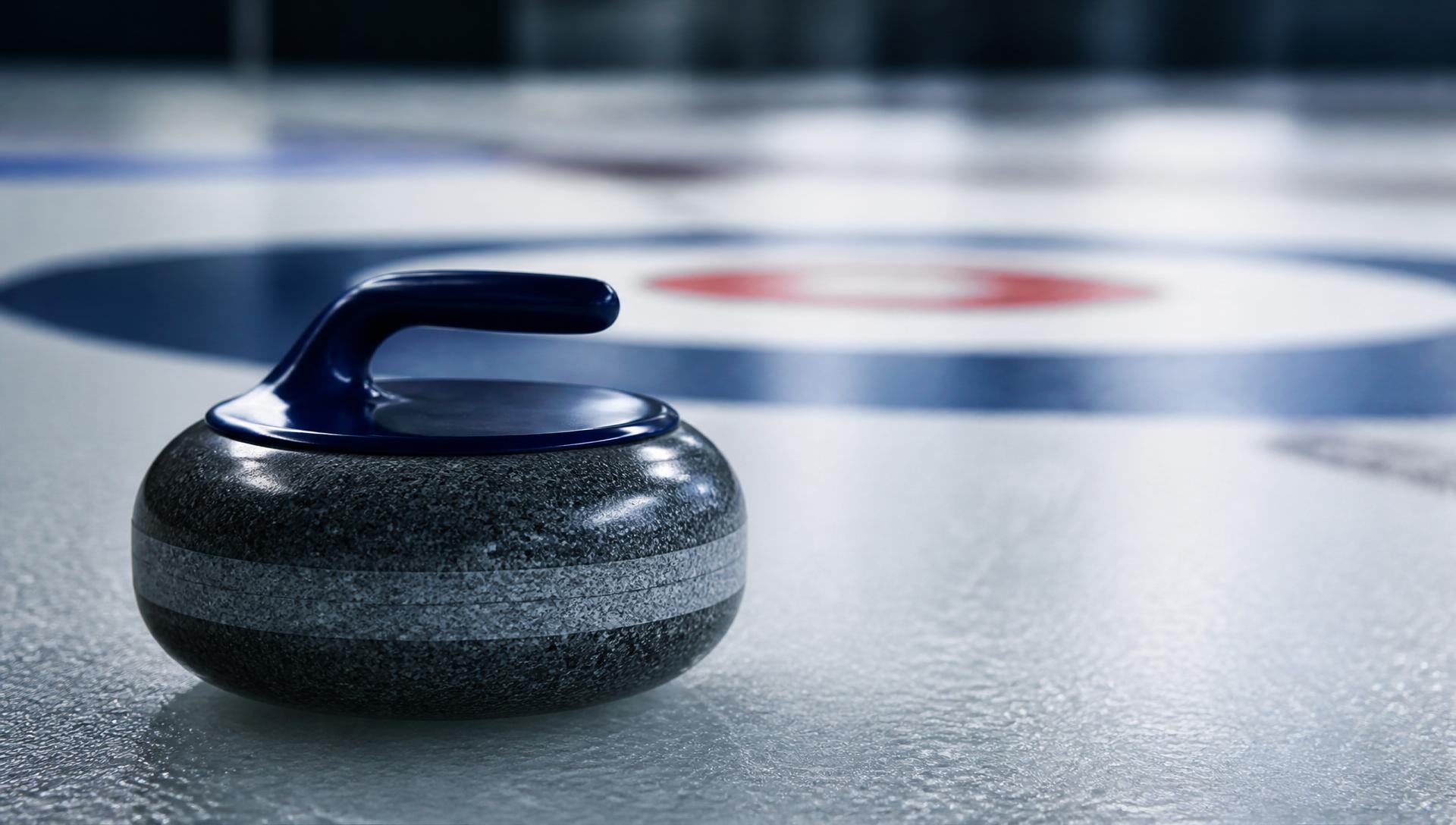 Largs Thistle curling stone on pebbled ice at Waterfront Leisure Complex, Greenock
